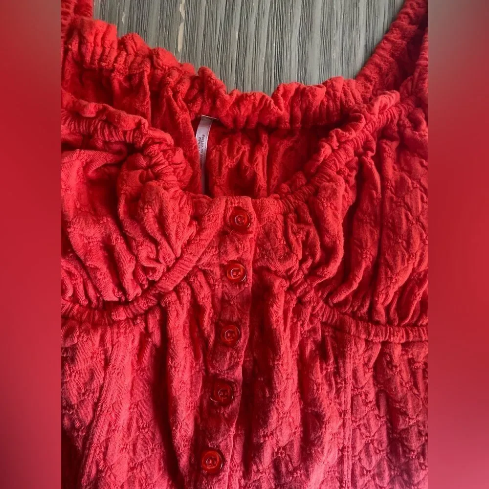 Free People Crop Top Womens Orange  Blouse Long Sleeve Sz M Buttons